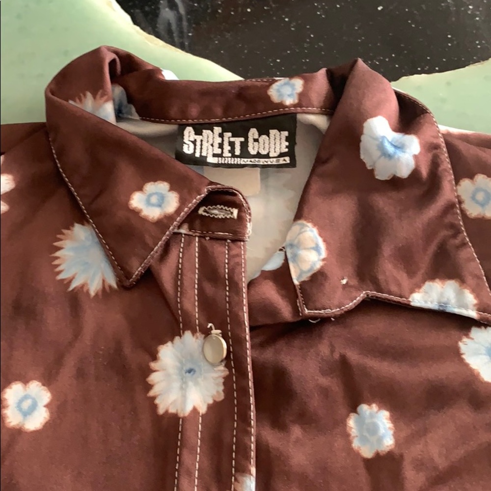Retro blouse Street Code brown with blue flowers - Picture 2 of 7